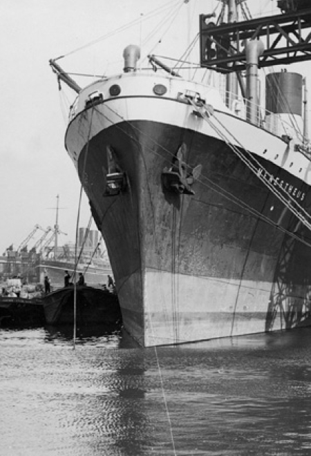 Black and white image of a ship mooring